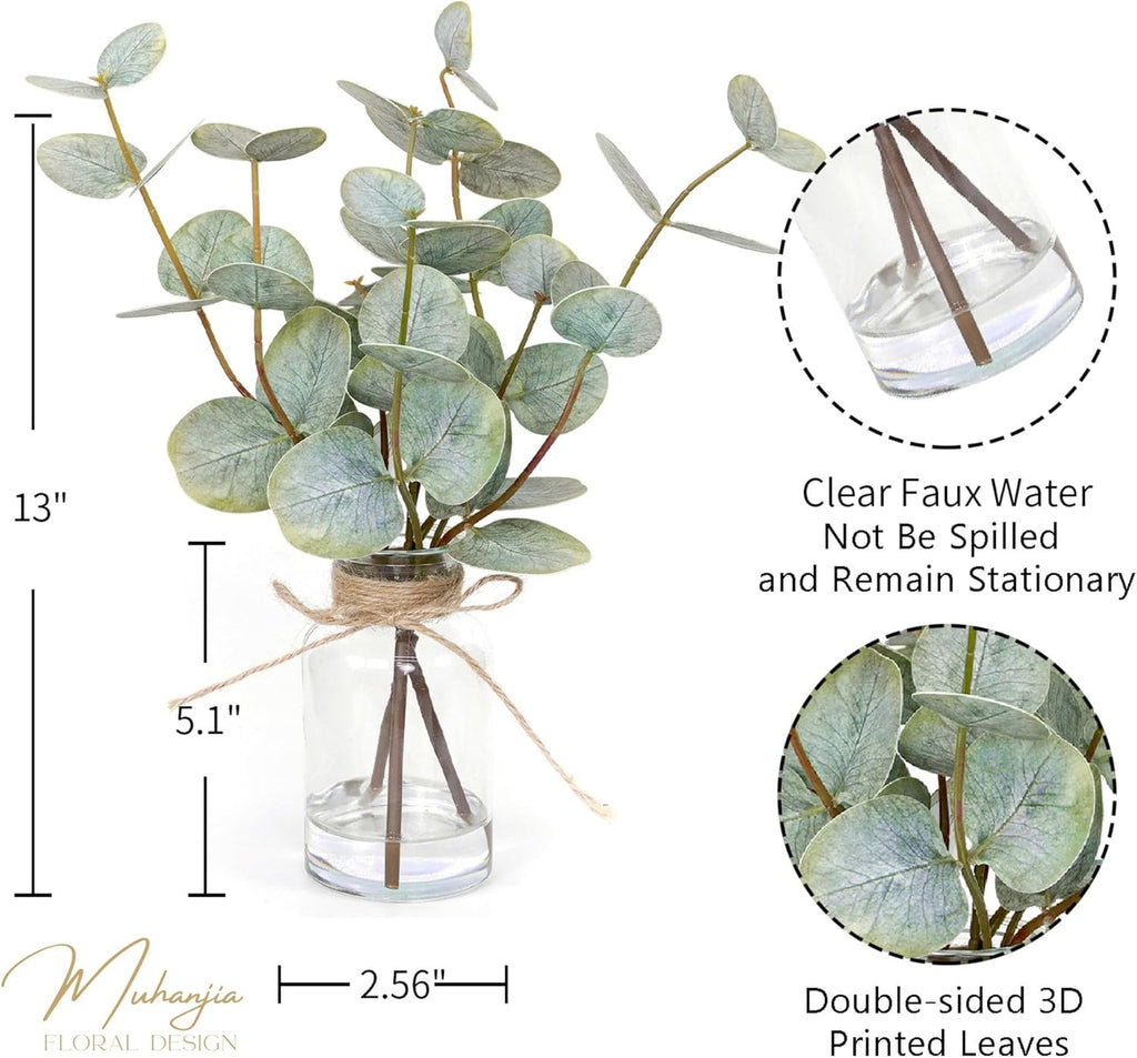 Muhanjia Artificial Eucalyptus Stems - 3Pcs Faux Green Leaves in Glass Vase with Faux Water | Perfect Centerpiece