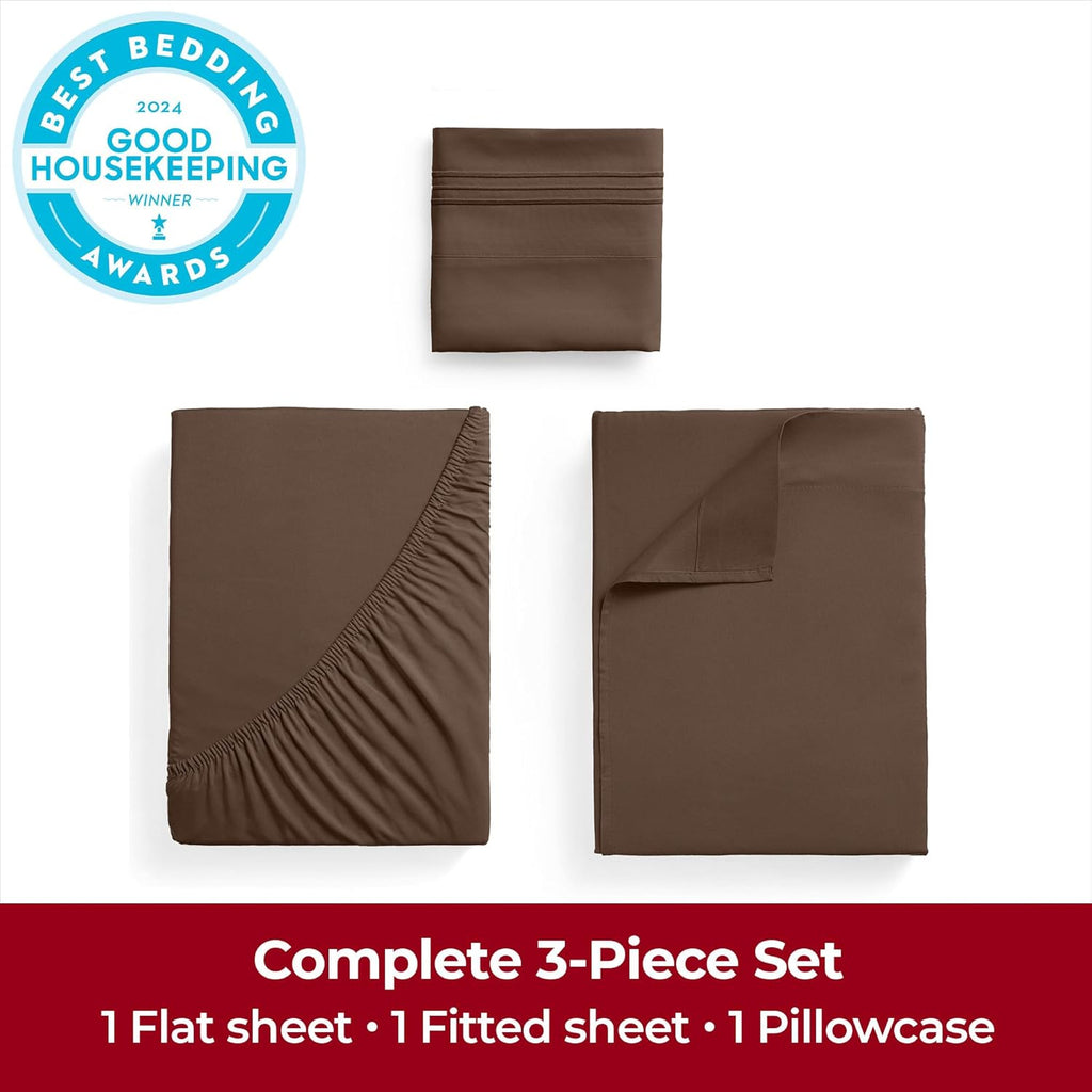 Mellanni Twin Sheets Set - 3 PC Hotel Luxury Bedding | Extra Soft, Cooling, Wrinkle-Resistant (Brown)
