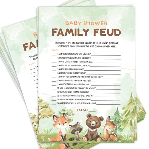 50 Baby Shower Family Feud Game Cards, Woodland Baby Shower Games Activity for Girl or Boy, Gender Neutral, Woodland Theme
