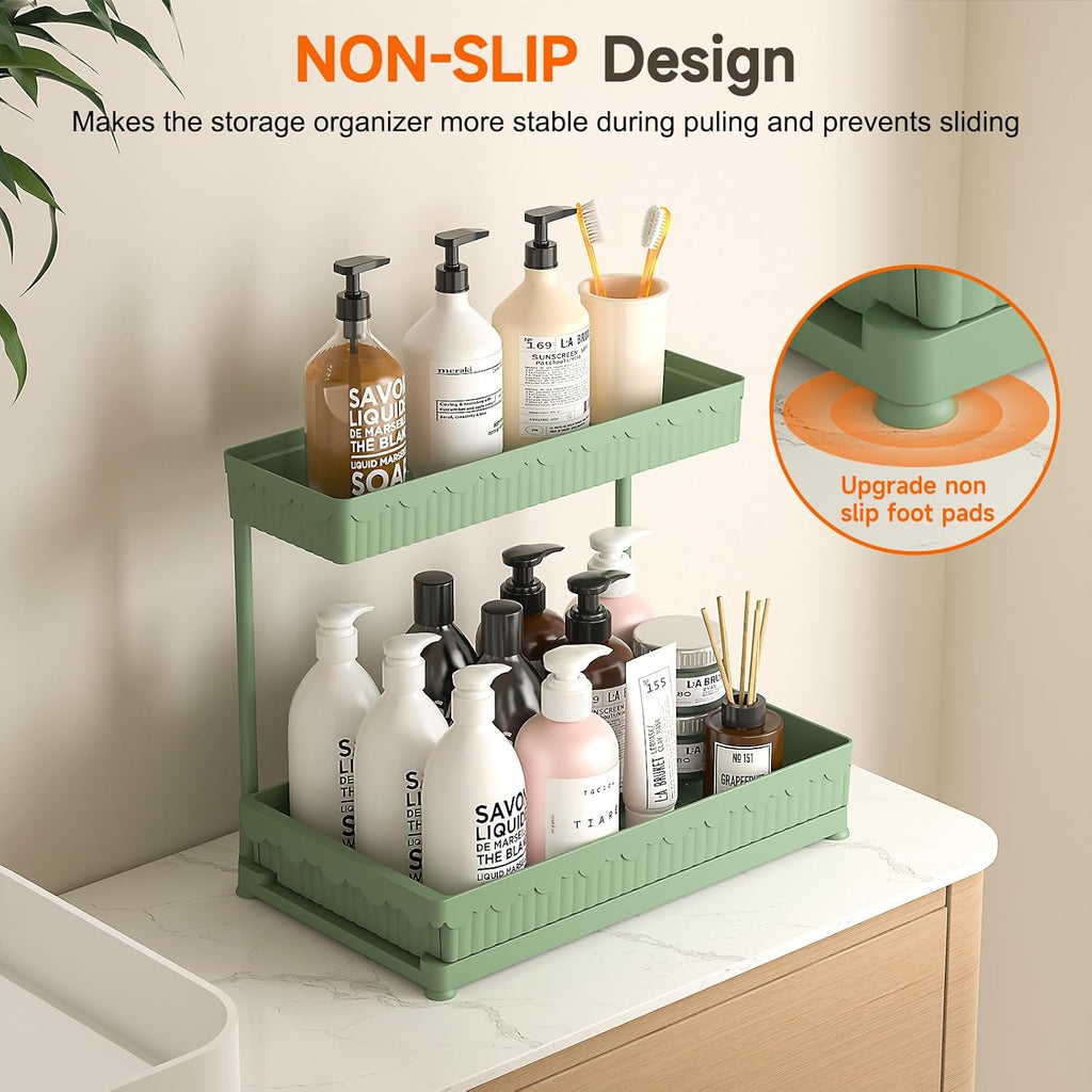 Sevenblue Multi-Purpose Under Sink Organizers - L-Shaped Pull Out Cabinet Storage for Bathroom & Kitchen (Green, 12.85 Inch)