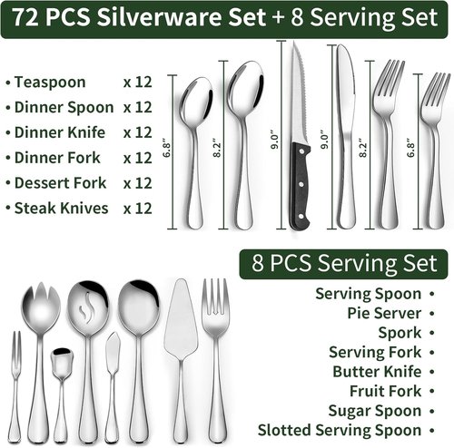 CEKEE Stainless Steel Silverware Set - 80 Pieces Flatware with Serving Utensils for 12 | Heavy Duty & Dishwasher Safe