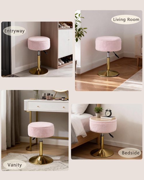 LITZFUR Adjustable Vanity Stool with Storage, 360° Swivel Gold Chair, Faux Fur Small Round Ottoman Footrest for Bathroom, Makeup Room, Pink