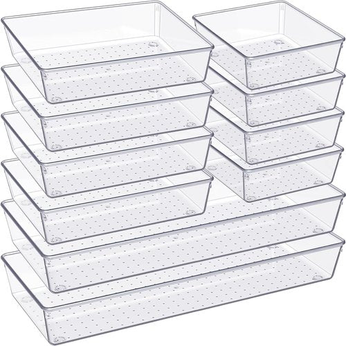 Criusia Drawer Organizer - 10 Pack Large Clear Plastic Trays | Versatile Storage for Makeup, Bathroom & Kitchen