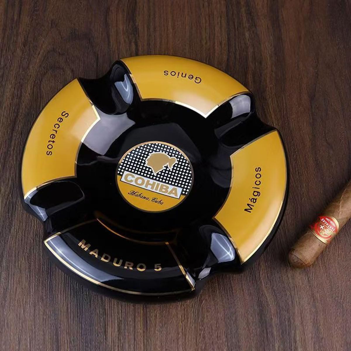5 Cigar Ashtray, Black and Gold, Round Ceramic, 4 Rests