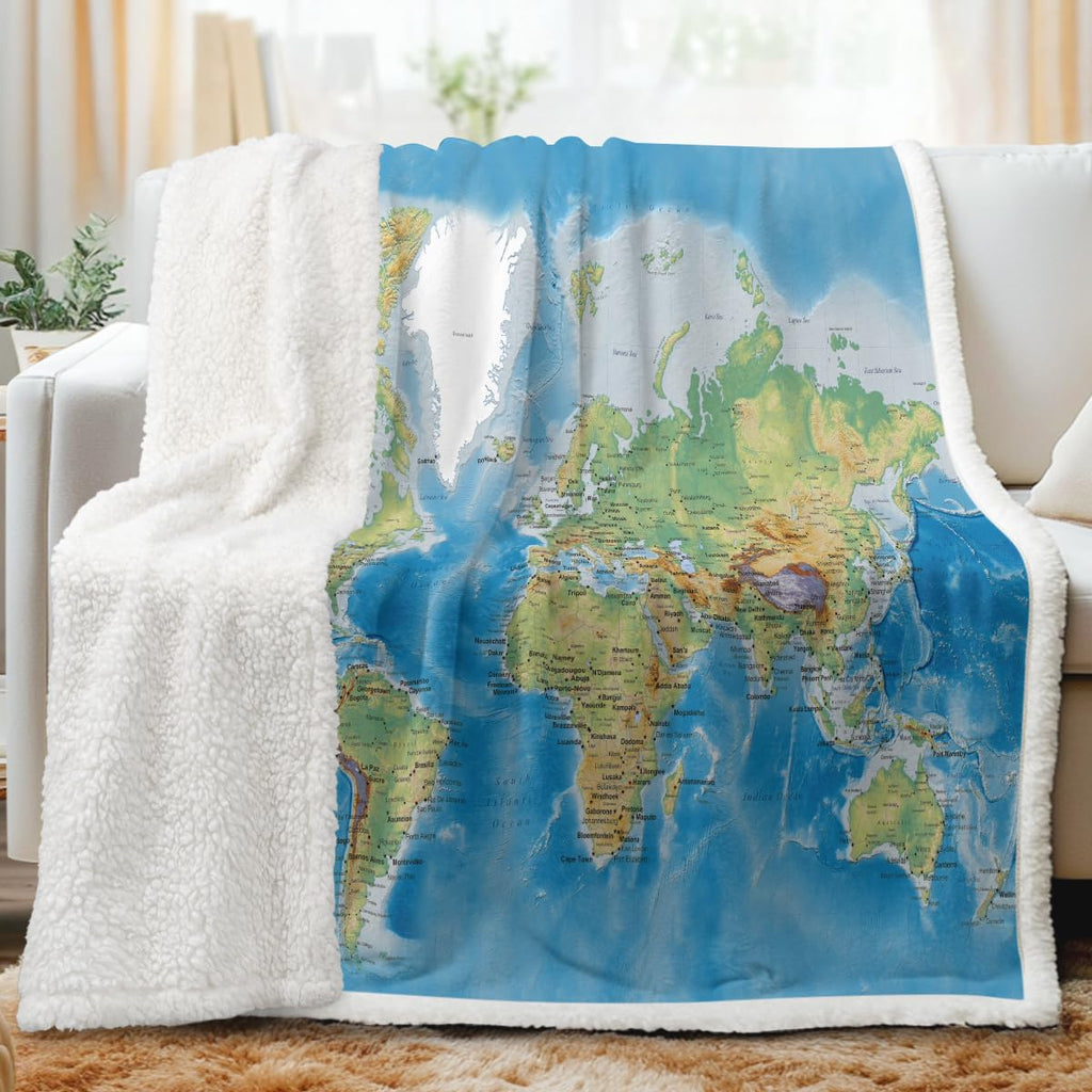 Sleepwish World Map Sherpa Fleece Throw Blanket, Soft Thick Plush Blue Blanket Vivid 3D Print Map of The World Blankets Gifts for Teens Kids Boys Girls 50x60 Inches