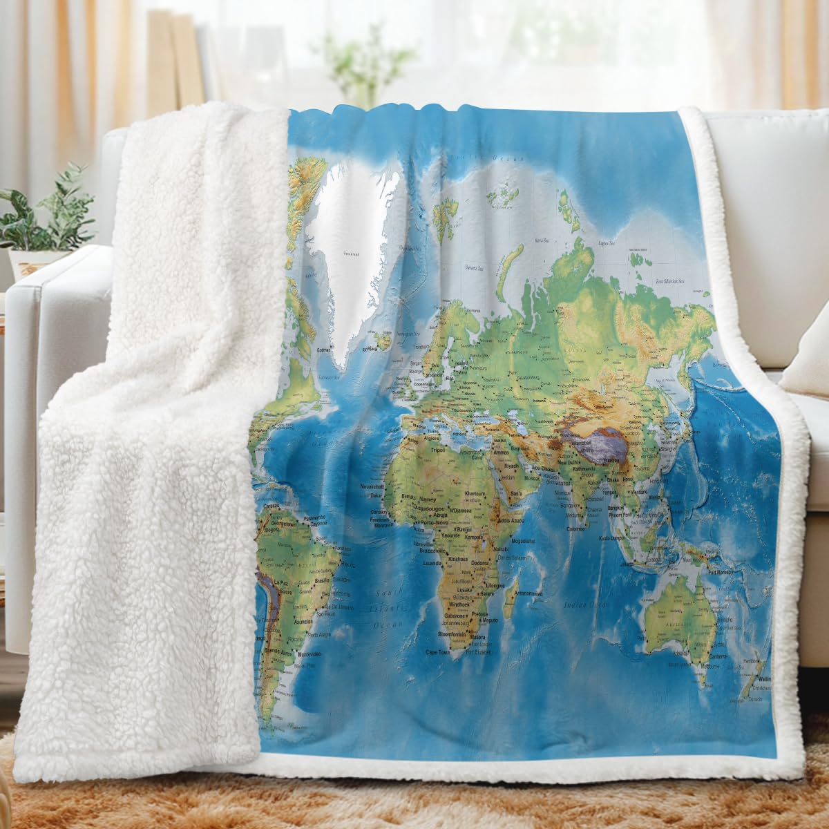 Sleepwish World Map Sherpa Fleece Throw Blanket, Soft Thick Plush Blue Blanket Vivid 3D Print Map of The World Blankets Gifts for Teens Kids Boys Girls 50x60 Inches