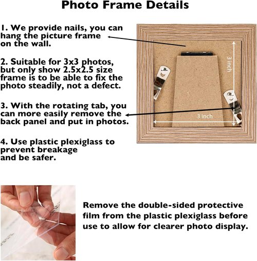 JCJMY 3x3 Picture Frame - Sturdy Rustic Brown Tabletop Design with Shatter Resistant Plexiglass