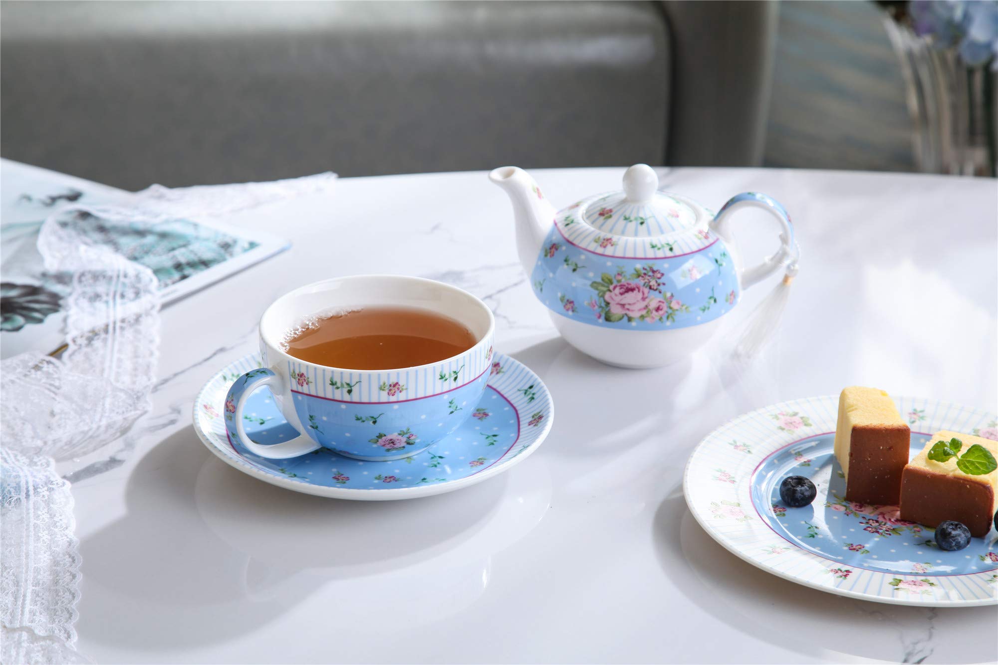 London Boutique Coffee Tea Cup and Saucer Set 4 Shabby Chic Vintage Porcelain Bird Butterfly Flora Gift Box 7.5OZ (Rose Blue)
