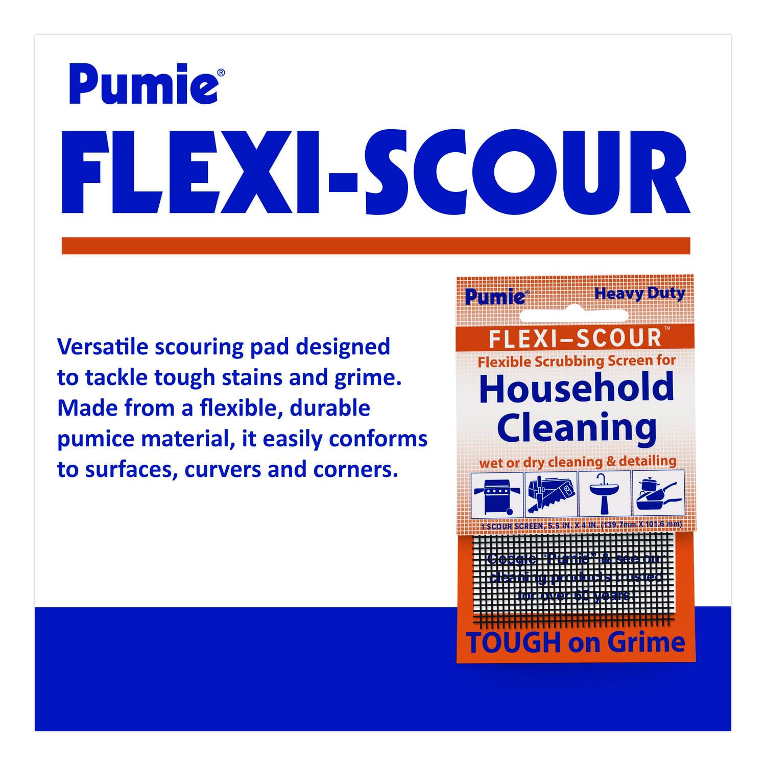 PUMIE Flexi-Scour (3 Pack) - Flexible Scrubbing Screen - Heavy Duty Scouring Pad - Abrasive Grit Cleaning Screen for Toilet Bowls, Grills, Removes Carbon, Rust, Scale, Grime - 5.5x4 in, Flex-3 C