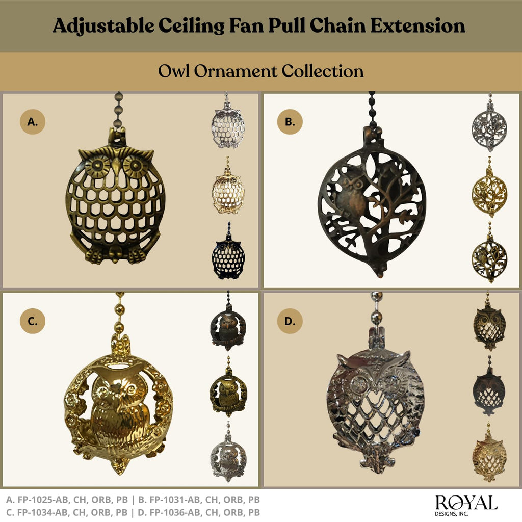 Royal Designs, Inc. FP-1036-CH-2 Adjustable Ceiling Fan Pull Chain Extension with All Seeing Owl Ornament, 24 inch, Chrome, 2-Pack