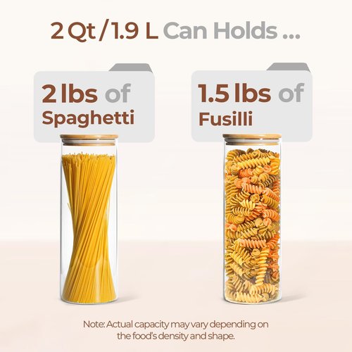 ComSaf Glass Pasta Storage Container Set - 2 Qt Tall Airtight Jars with Wood Lids for Kitchen Pantry