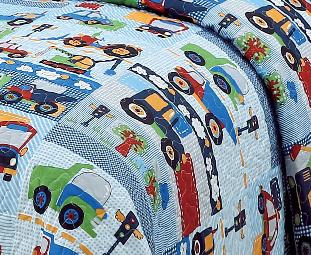 MK Collection Bedspread Set Kids Teens Vehicles Construction Blue Red Green White Yellow Bedspread Set New (Twin)