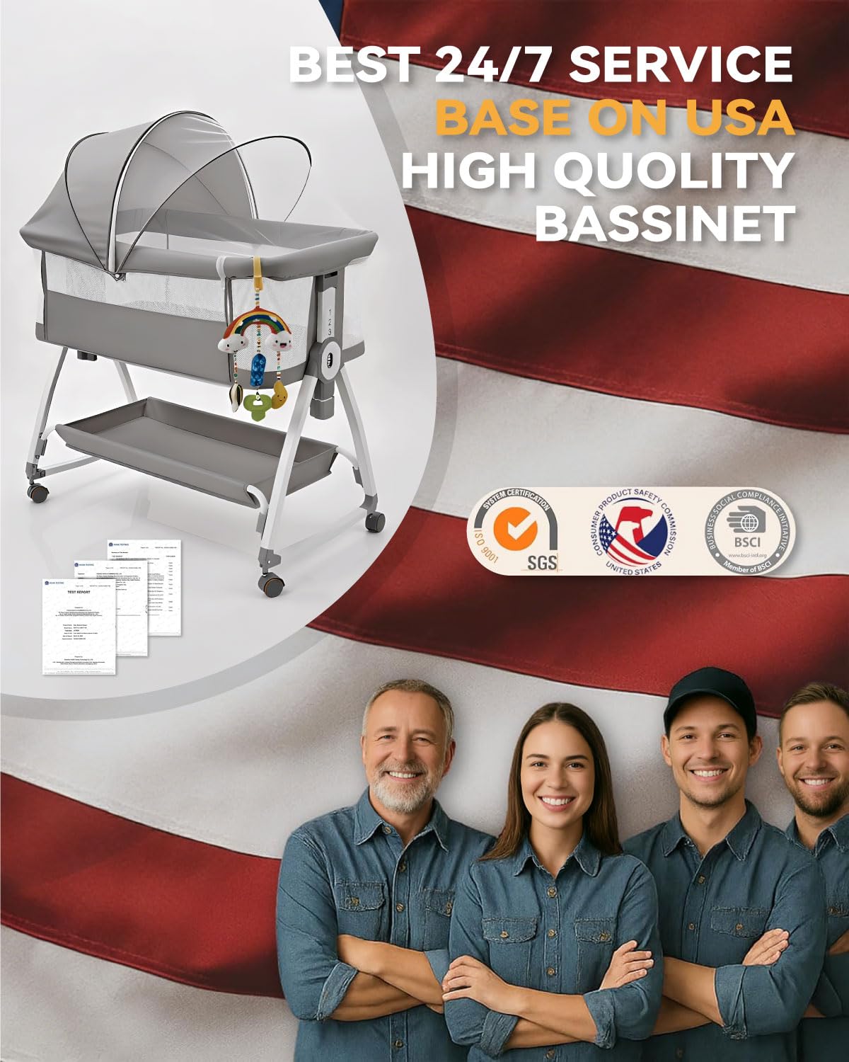 Madewell Living 4-in-1 Baby Bassinets Bedside Sleeper, Bedside Bassinet with Wheels, 6-Height Adjustable Bassinet with Soft Mattress, Mosquito Net, Soothing Toy for Newborns & Infants(Grey)