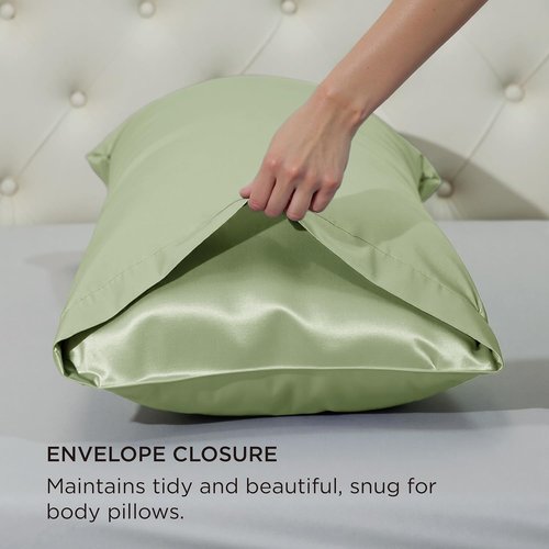 Bedsure Body Pillow Cover - 20x54 Inches Sage Green Satin for Hair & Skin | Cooling, Silky Envelope Closure