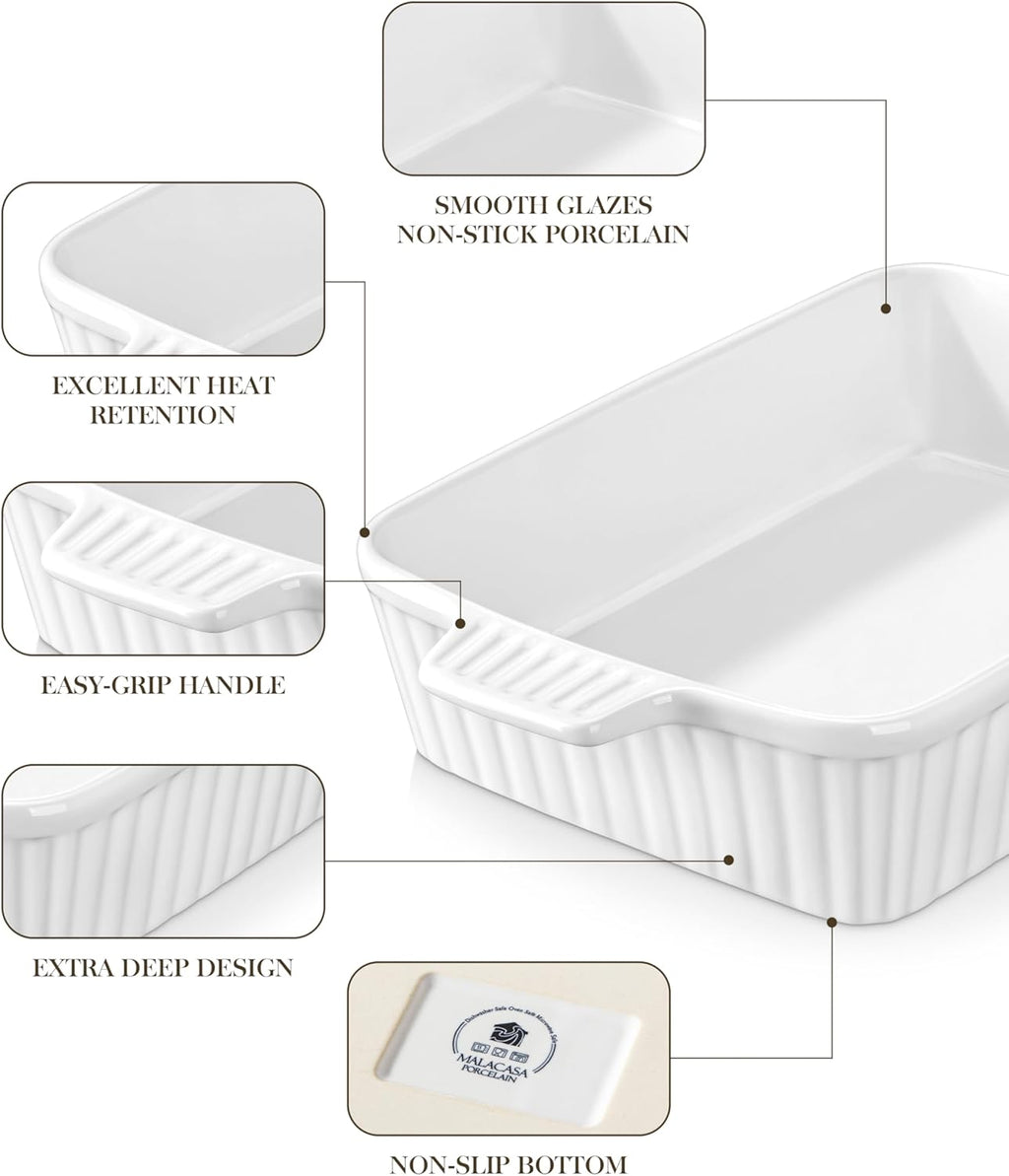 MALACASA Porcelain Casserole Dish Set - Versatile Bakeware Set of 5 (9.5" to 15.6") | Oven Safe