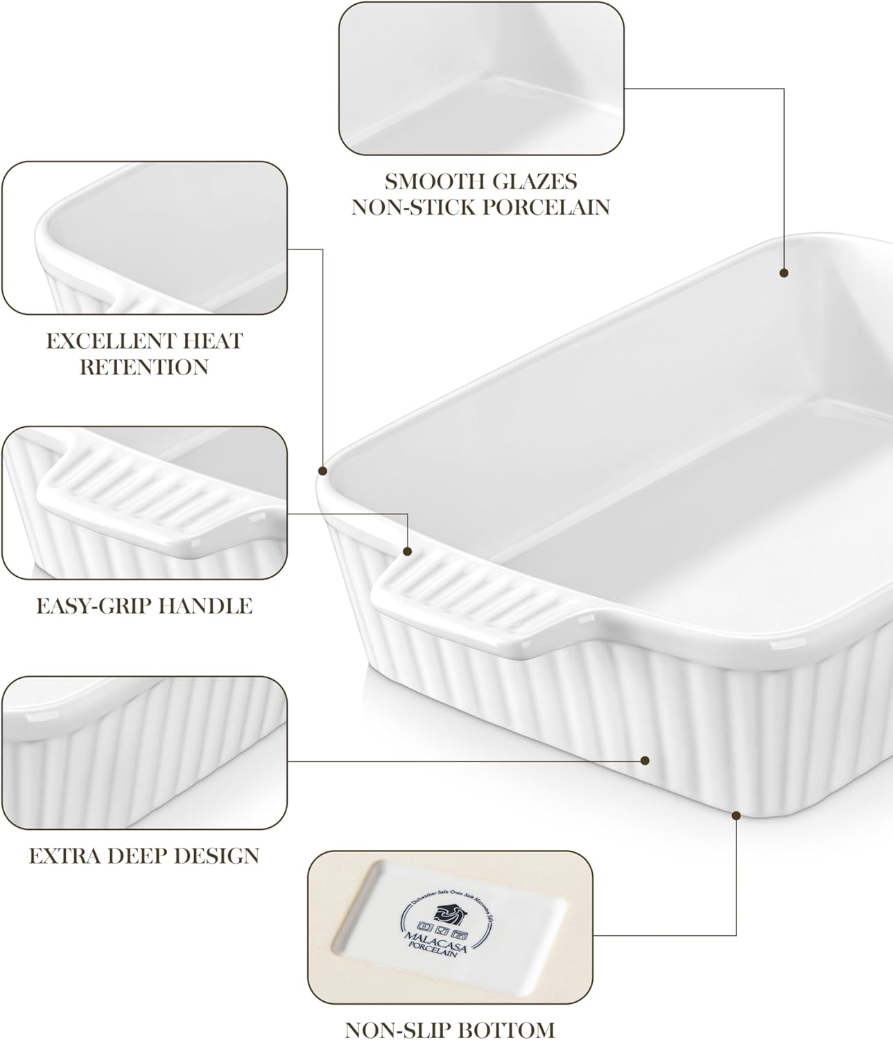 MALACASA Porcelain Casserole Dish Set - Versatile Bakeware Set of 5 (9.5" to 15.6") | Oven Safe