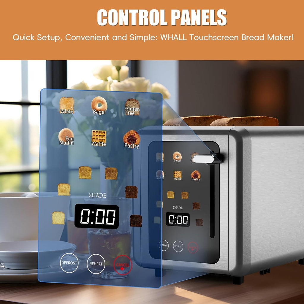 WUNLY 2-Slice Toaster - Touchscreen Control & Digital Countdown Timer - 6 Shade Settings, Titanium