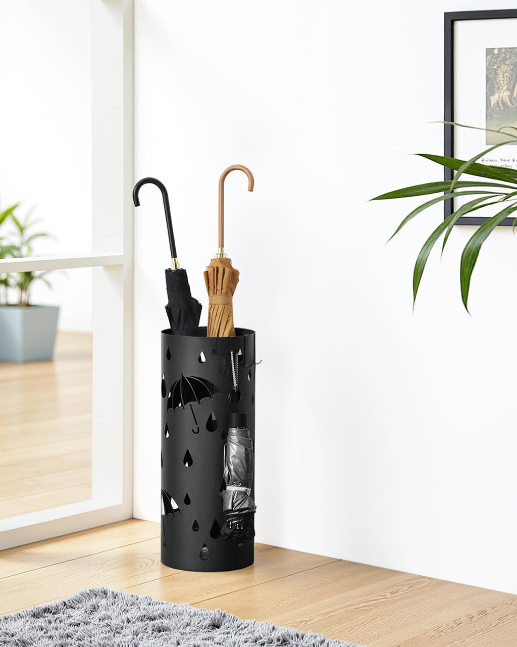 SONGMICS Umbrella Stand, Metal Umbrella Holder for Entryway, with Water Tray and 4 Hooks, 7.7 x 7.7 x 19.3 Inches, Round, Ink Black ULUC23B