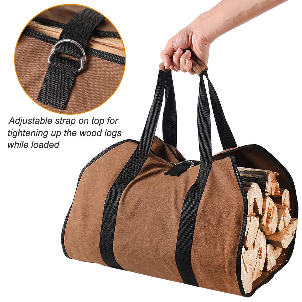 Tenn Well Firewood Carrier, 38in x 18in 16oz Waxed Canvas Log Carrier for Firewood, Wood Carrying Bag with Handles Securing Straps for Indoors Camping Trip, Gifts for Men Dad Husband (Brown)