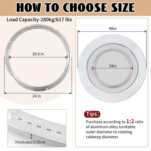 Lounsweer 24 Inch Lazy Susan Hardware Mute Aluminum Alloy Turntable Bearing Large Mute Heavy Duty Swivel Plate 620 Lbs Load Lazy Susan Base Kit Silent Rotating Ring for Dining Tabletop Corner Storage