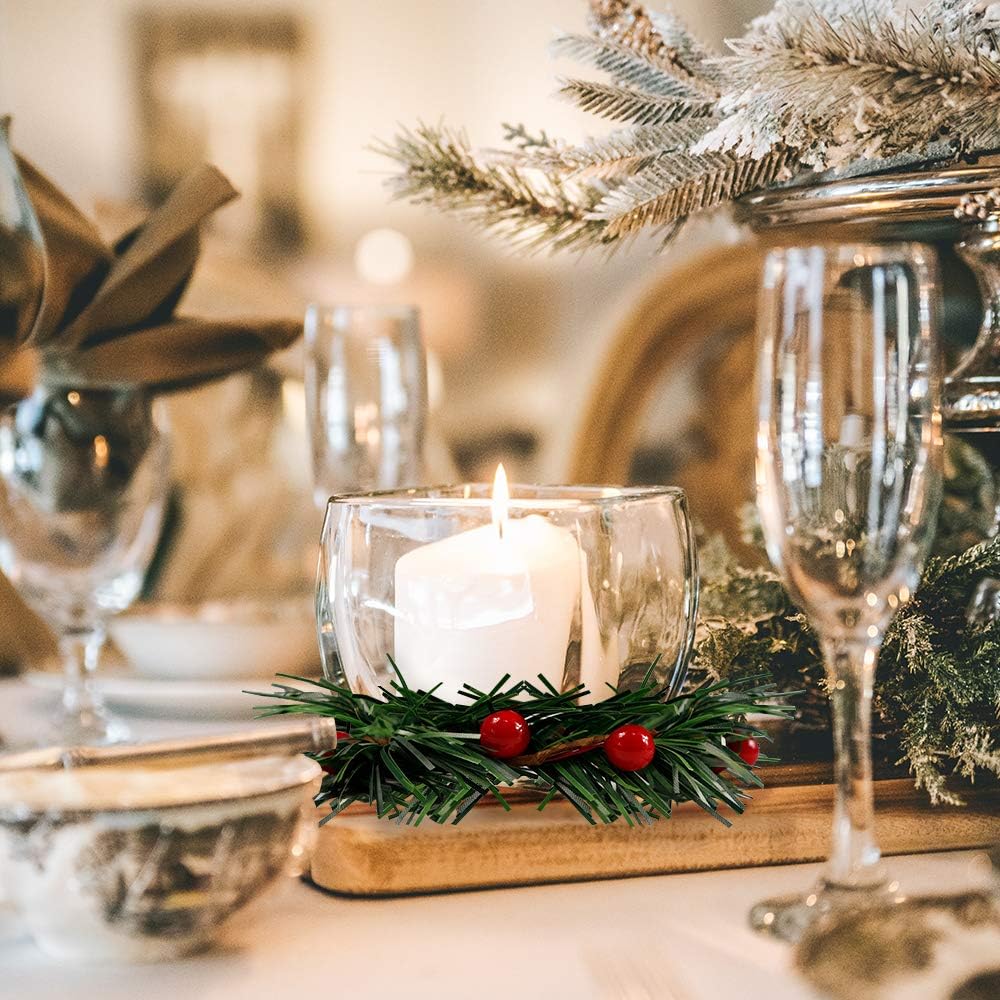 YBB Christmas Candle Rings - 8Pcs Small Artificial Red Berry Wreath Holders for 3-Inch Pillar Candles | Rustic Wedding Decor