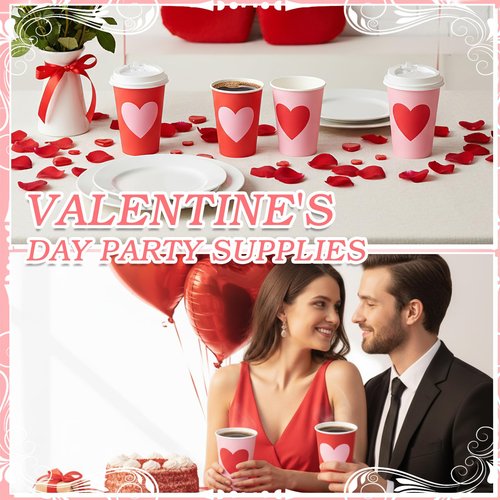 Sunnychicc 60 Set Valentine's Day Disposable Coffee Cups with Lids 12oz Red Pink Hearts Patterns Paper Cups Beverage Drinking Cup for Anniversary Wedding Bridal Shower Party Supplies 2 Style