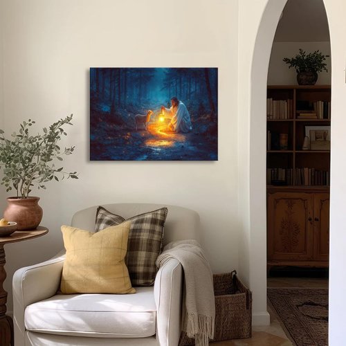 Christian Wall Art | Jesus and Lamb Canvas Decor - Serenity Prayer for Home & Baptism Gifts (24" x 16")