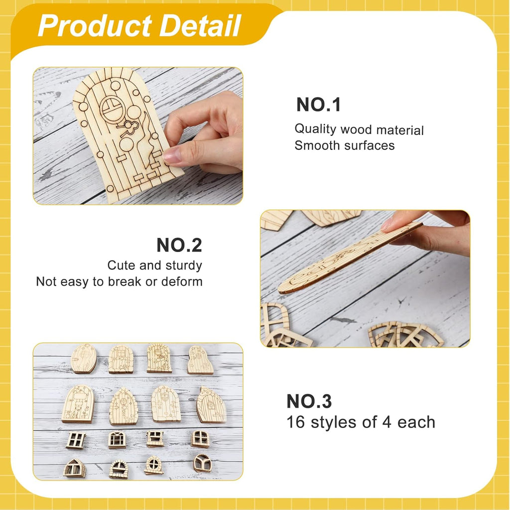 Skiennix Fairy Door Mini Wooden Garden Doors - 64 Pcs Unfinished DIY Craft Kit for Home Decor