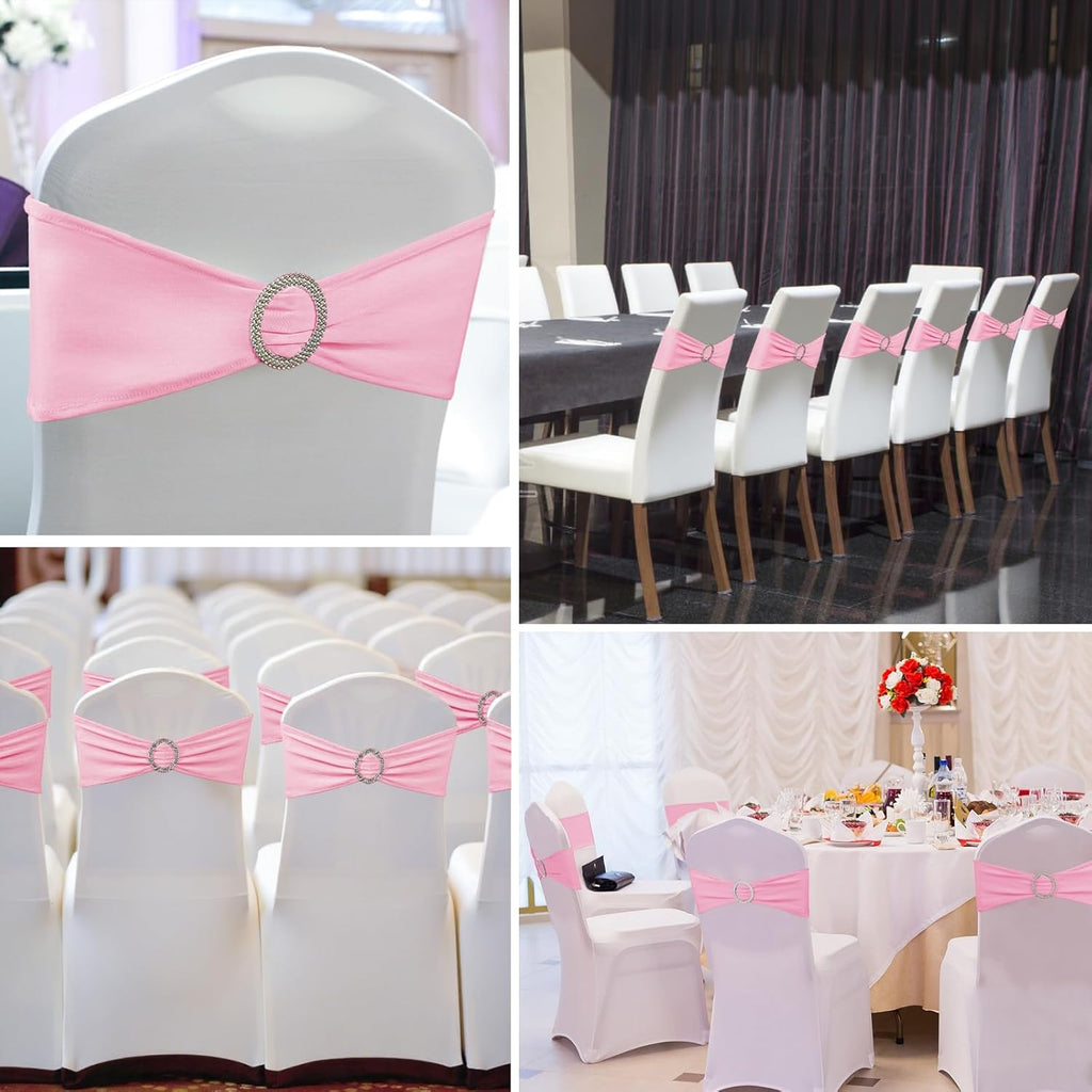 Skiennix 150-Pack Spandex Stretch Chair Sashes - Elastic Covers with Buckle Slider for Weddings & Events | Pink