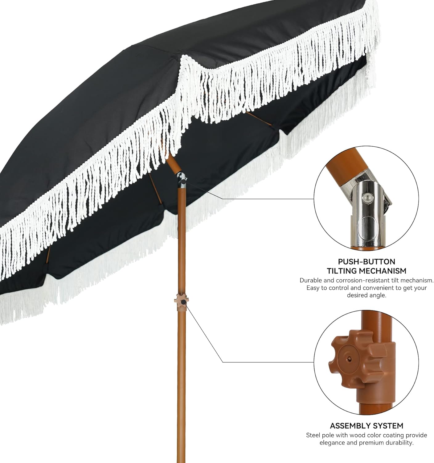 AMMSUN 7ft Patio Umbrella - Stylish Fringe Design with UPF50+ Protection & Steel Pole | Black