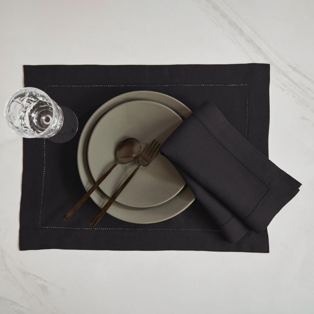 Solino Home Linen Cloth Placemats Set of 6-100% Pure Linen Hemstitch Black Placemats 14 x 19 Inch - Sonoma Hemstitch Table Place Mats for Mothers Day