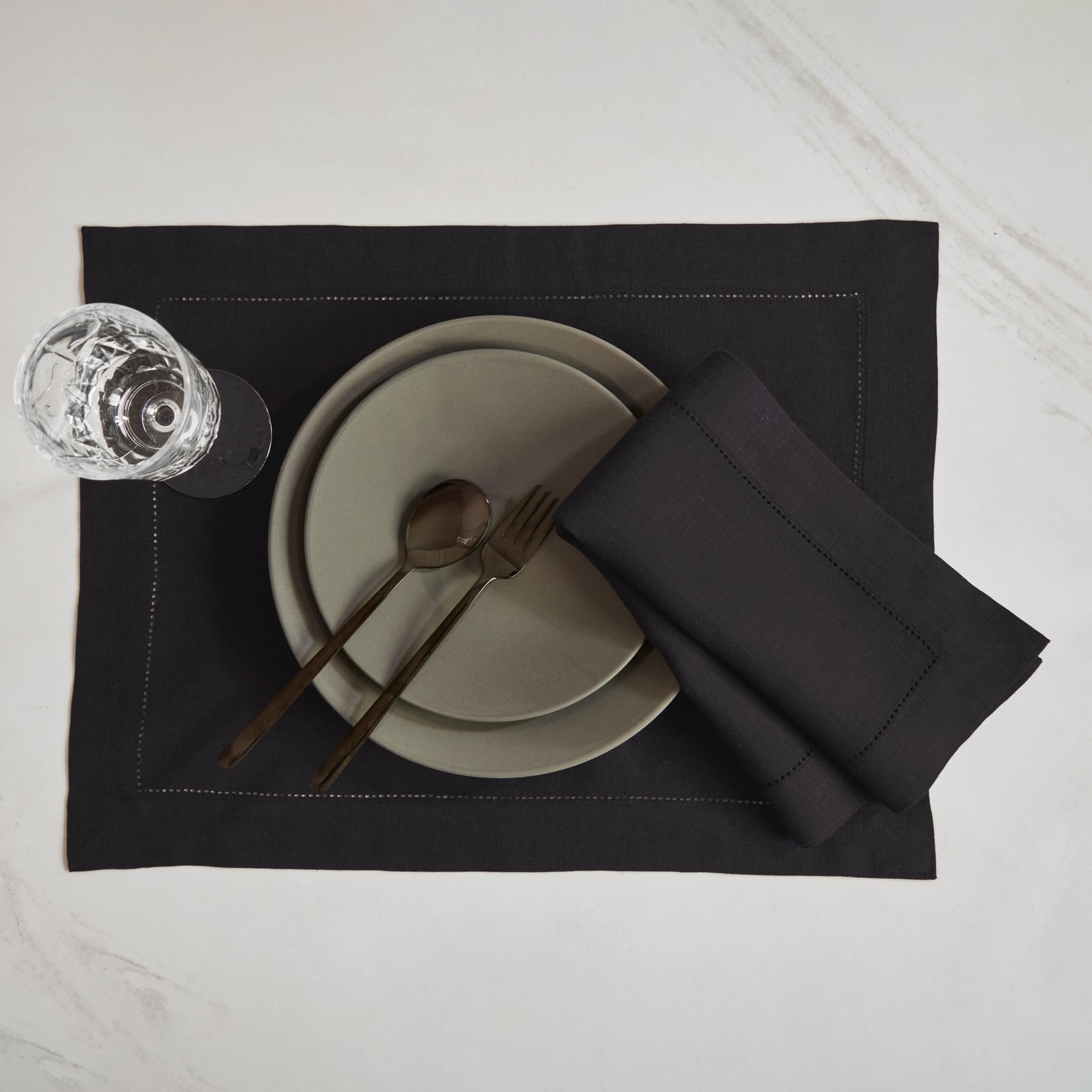 Solino Home Linen Cloth Placemats Set of 6-100% Pure Linen Hemstitch Black Placemats 14 x 19 Inch - Sonoma Hemstitch Table Place Mats for Mothers Day