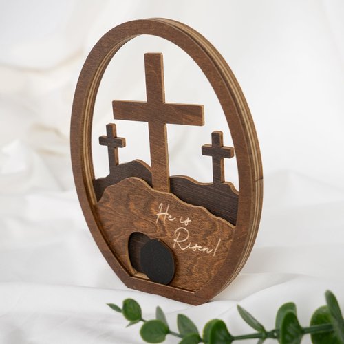He is Risen Gifts for Adults, Easter Decor Resurrection Scene Empty Tomb, Christian Table Decorations Indoor, Catholic Cross Jesus Religious Easter Gifts Decor (Walnut Wood)