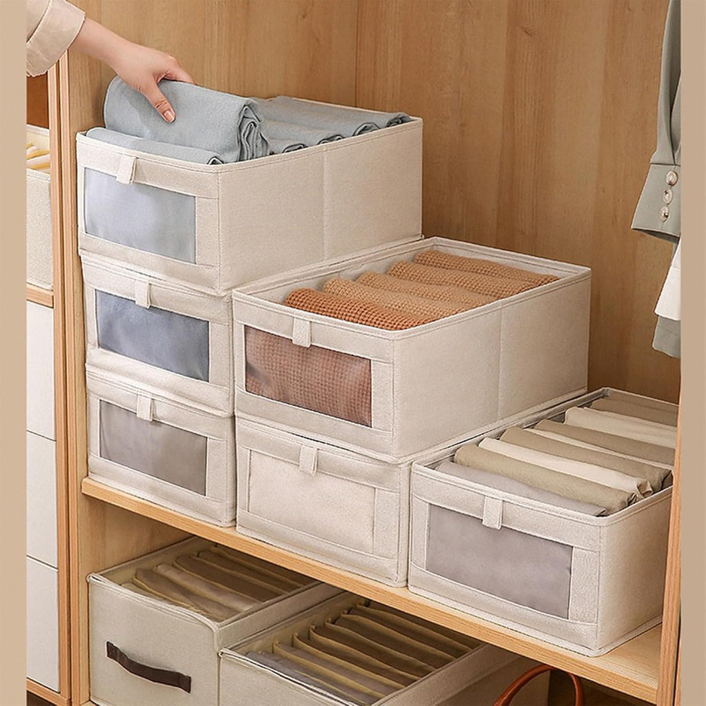 Skiennix Linen Closet Organizers - 10 Pack Foldable Storage Bins with Clear Window for Clothing & Jeans