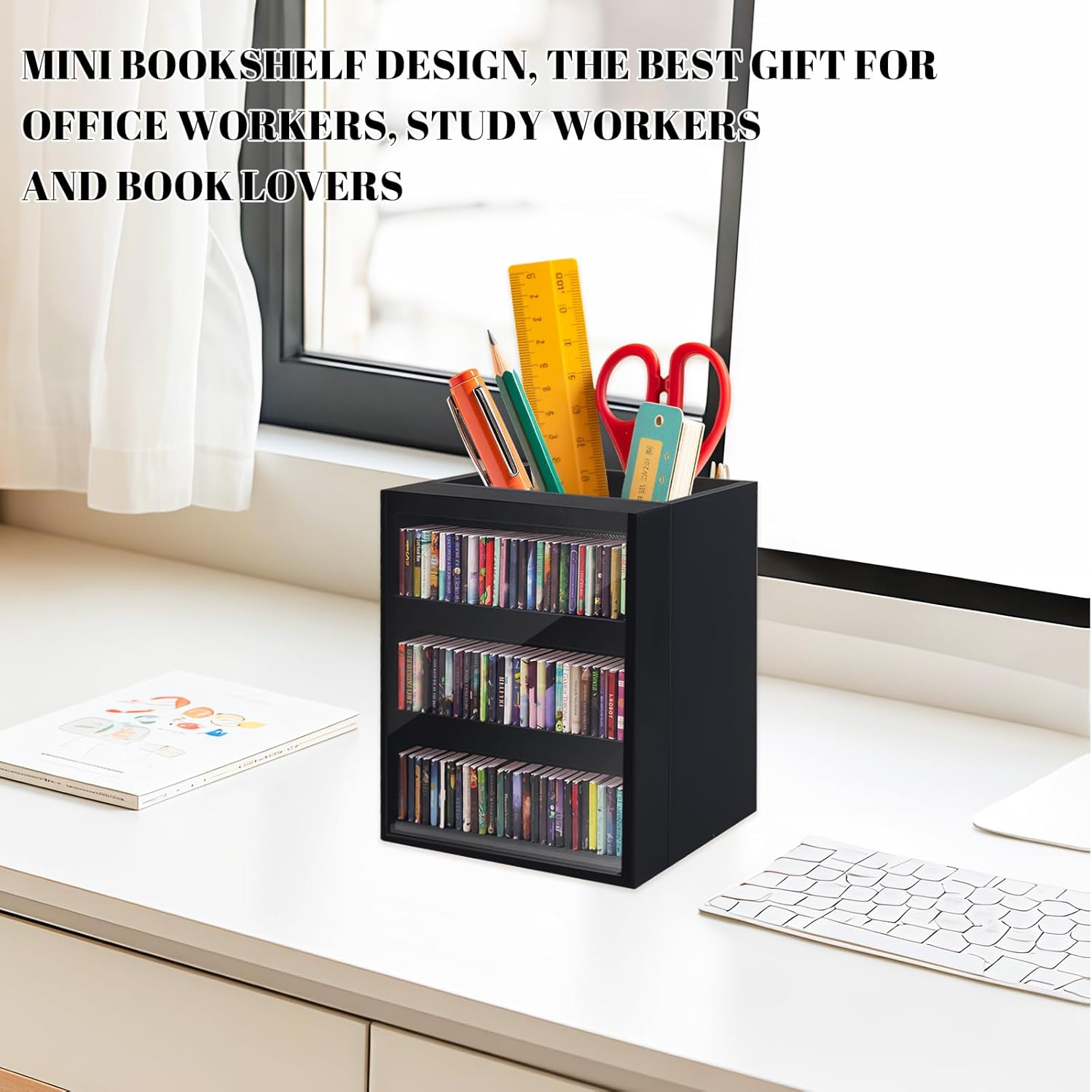 Skiennix Mini Bookshelf Ornament - 100pcs Miniature Library for Book Lovers | Black Bookmark Holder Decor