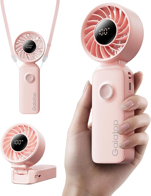 Gaiatop Portable Handheld Fan - 5-Speed Rechargeable Battery with 18-Hour Runtime | 3-in-1 Neck, Desk & Hand Fan - Pink
