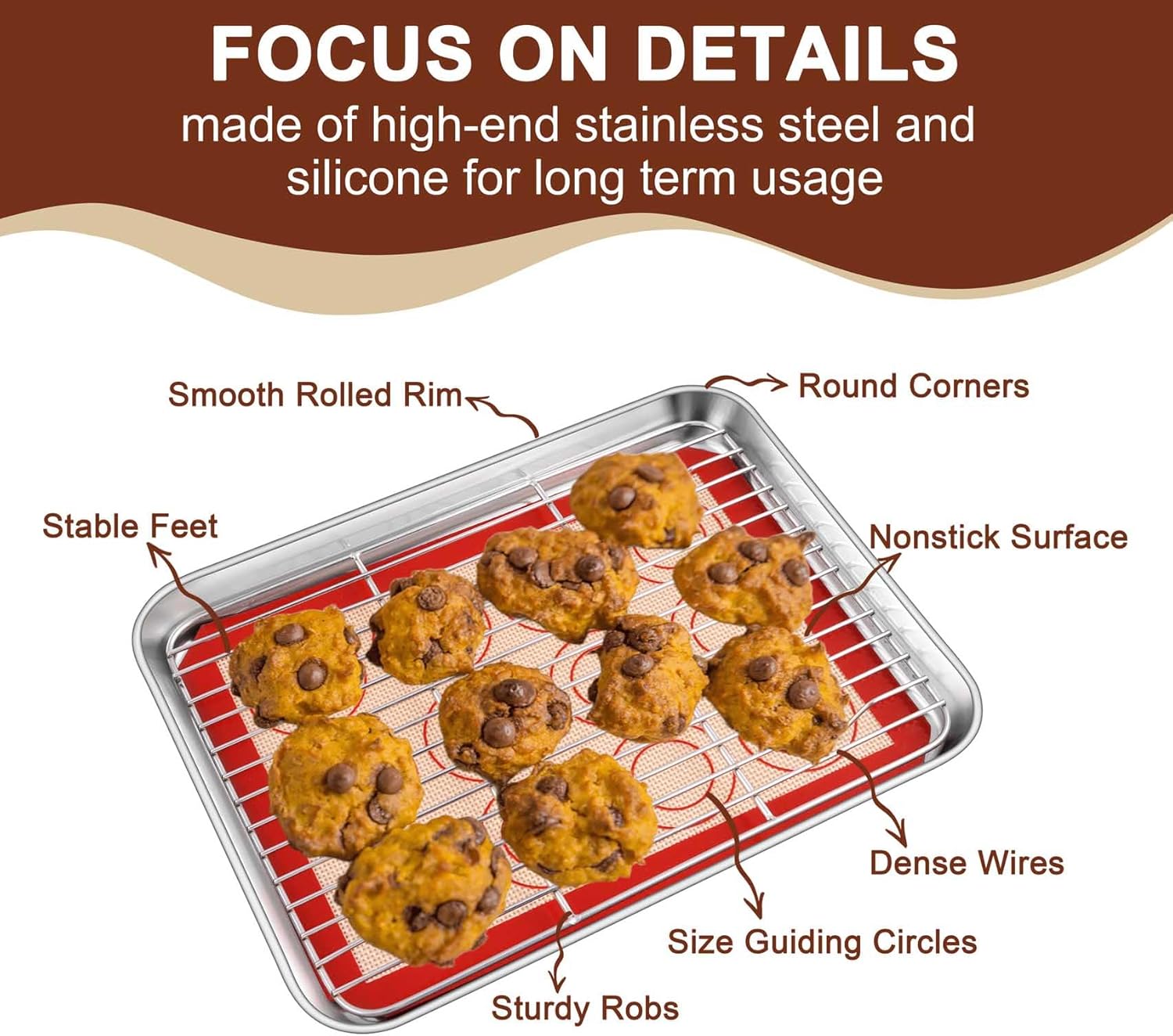 TeamFar Stainless Steel Toaster Oven Tray Set - 9.3 Inch Baking Sheets with Cooling Racks & Silicone Mats, Non-Toxic, Easy Clean