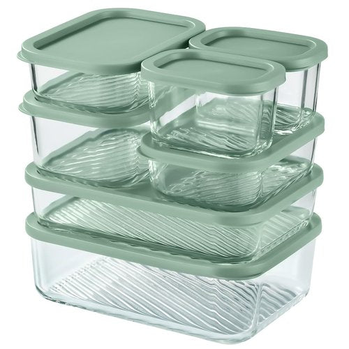 EATEX 7 Pack Glass Meal Prep Containers with Grooved Base, 7 Stackable BPA Free Glass Storage Containers with Lids for Lunch, Pantry, and Kitchen - Microwave, Dishwasher Freezer & Oven Safe - Sage