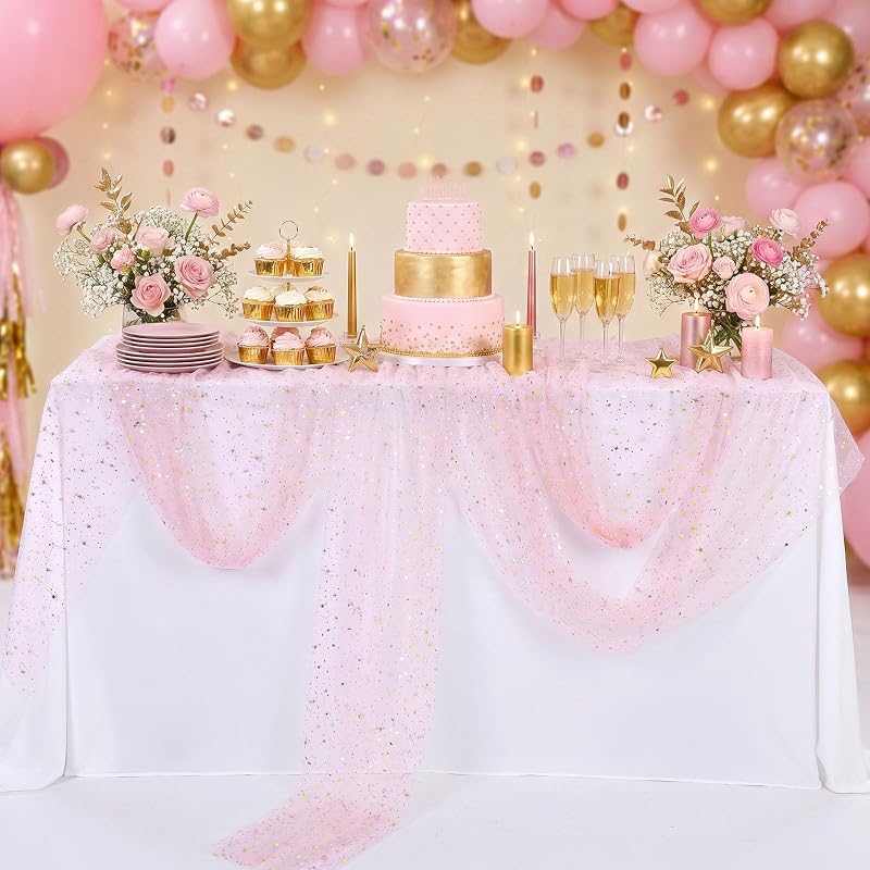 Pink Gold Gauze Table Runner 3pcs - Pink Gold Sparkling Cheesecloth Party Centerpieces (Variation: Pink Gold+29"x120" 3pcs)