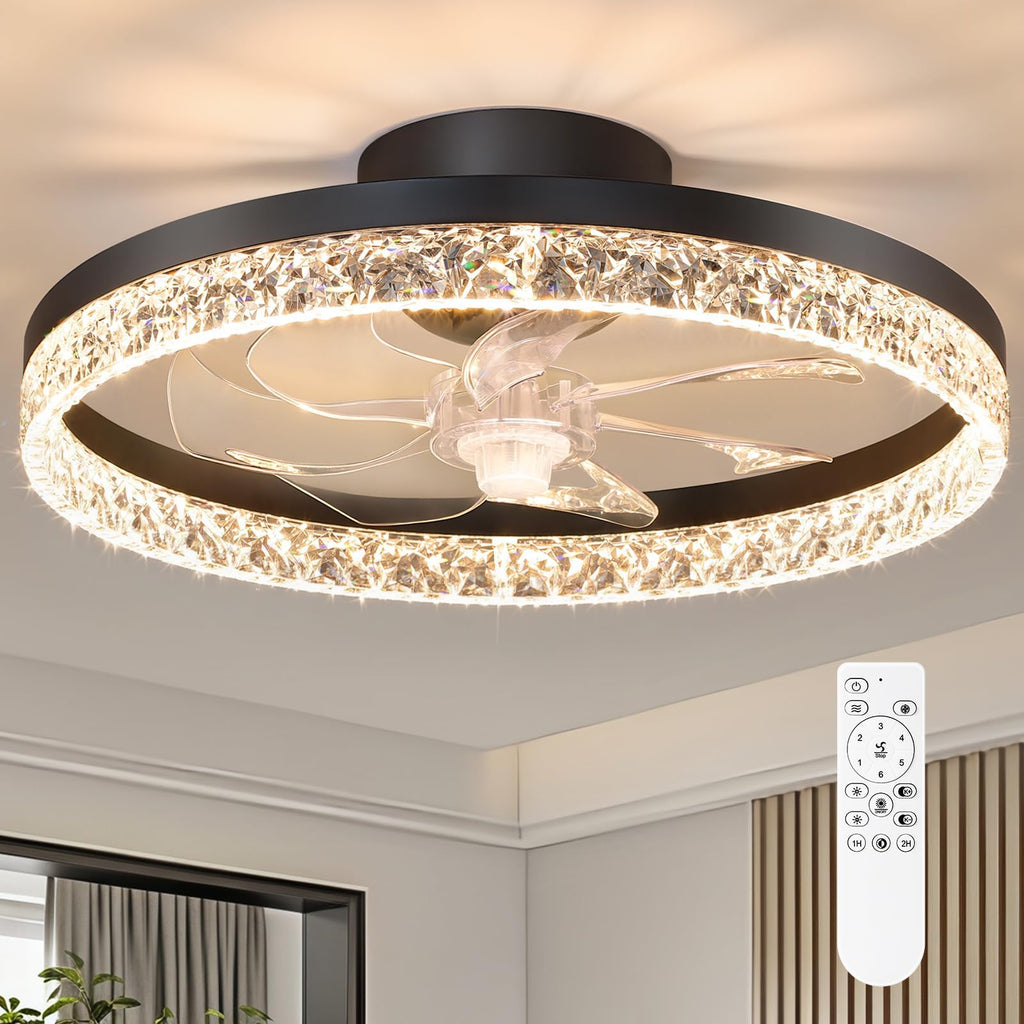FOLKSMATE Ceiling Fan with Light and Remote, Low Profile Flush Mount Crystal Fandelier, Modern 6 Speeds Quiet Reversible, 2800-6500K Dimmable LED, Timer Fan Light for Bedroom Living Room Kitchen