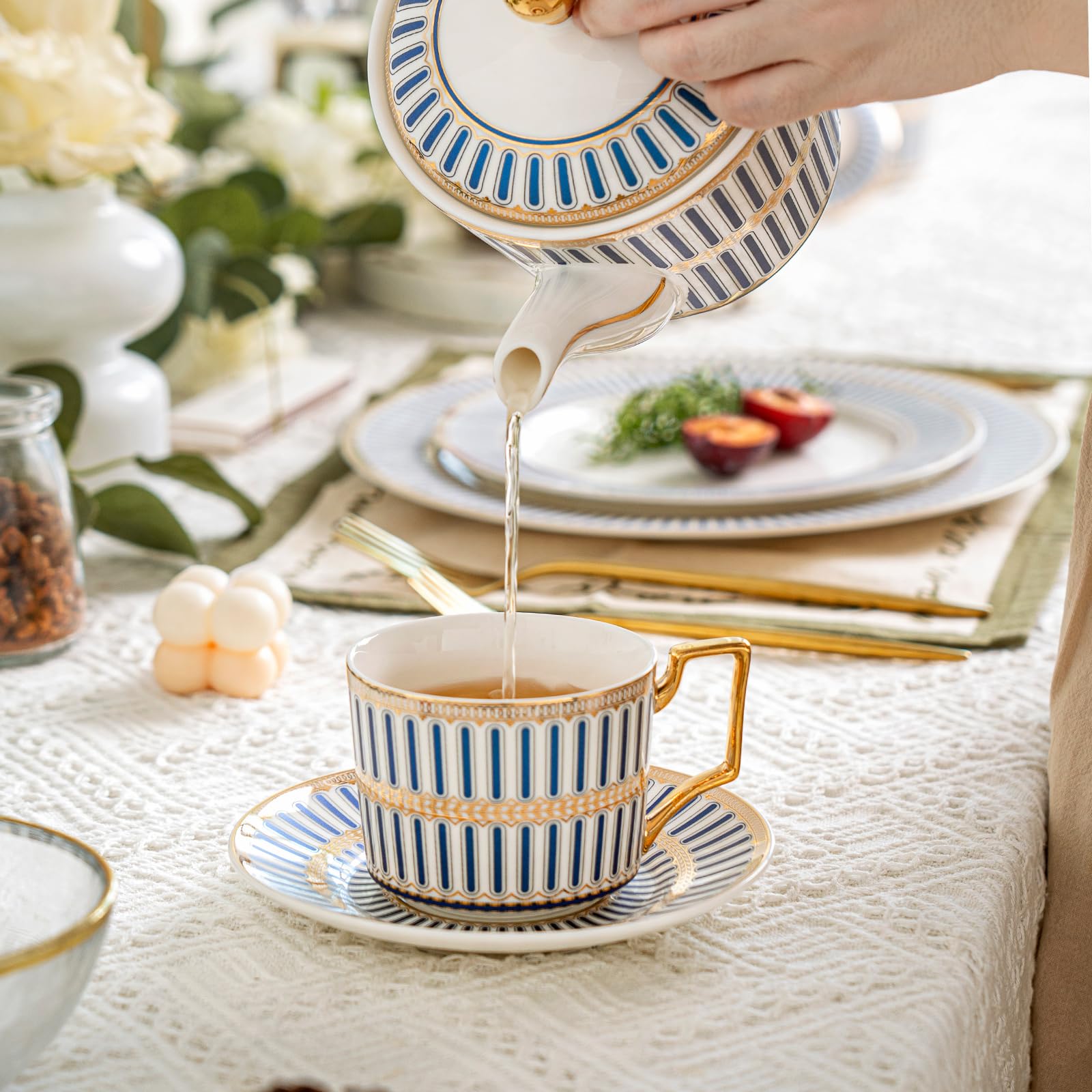 CwlwGO-Ceramic Coffe Cups and Saucer Sets,British Bone China Blue Gold Tea Cup and Saucers Service for 4,Gifts Box, China Tea Set, Tea Sets for Women and Adults.