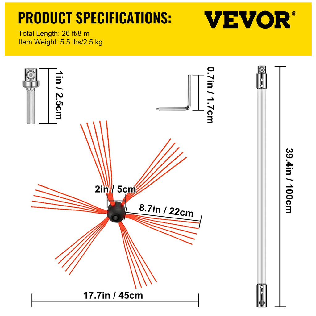 VEVOR Chimney Sweep Kit 26FT - Drill-Powered Brush with 8 Nylon Rods, Flexible Cleaning Tool for Fireplace & Flue
