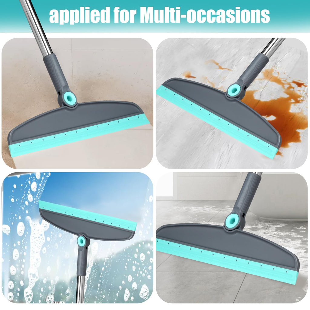 Michao Upgrade Broom and Dustpan Set, Silicone Broom,Long Handle Broom with Upright Standing Dustpan, Squeegee - Broom for Indoor Cleaning 2+1,for Indoor Outdoor,Smooth Floors, Rugs (Green-Grey)