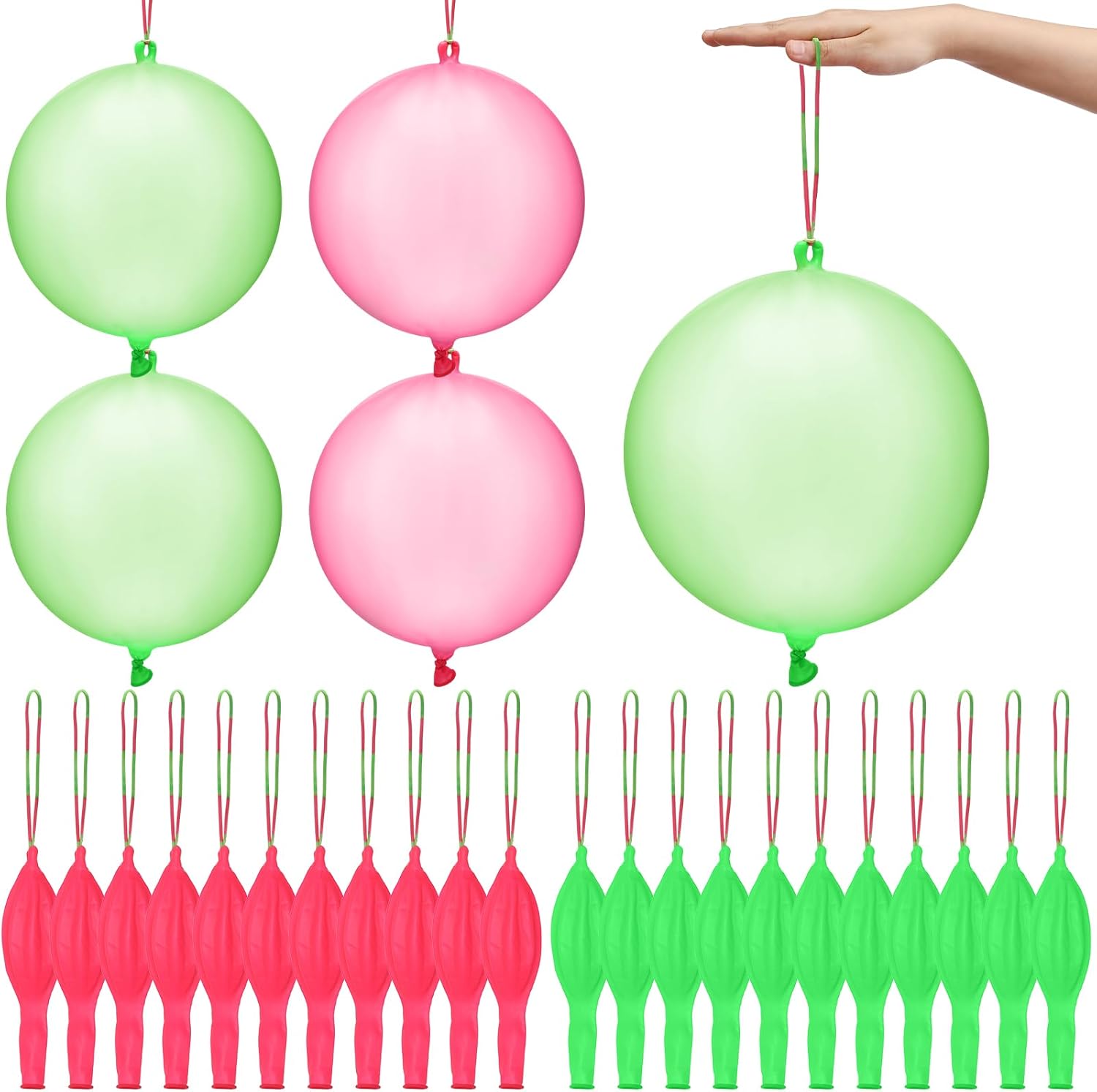 Skiennix Punch Balloons - 24 Pcs Pink & Green Bounce Balloons with Rubber Band Handles for Parties