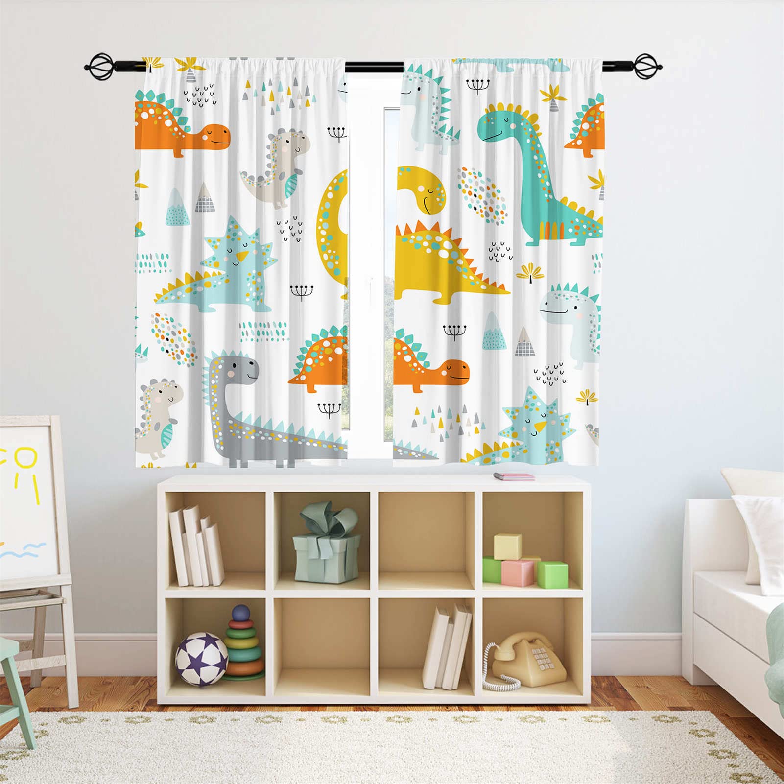 YUANZU Dinosaur Curtains Rod Pocket Kids Boys Girls Simple Childish Cute Dino Animals Print Pattern Window Drapes for Nursery Baby Bedroom Playroom W42 x L63 Inch 2 Panels