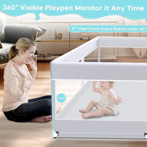Fshibila Baby Playpen - 50x50 Inch Sturdy Safety Playard for Indoor & Outdoor Use | Soft Mesh, Grey