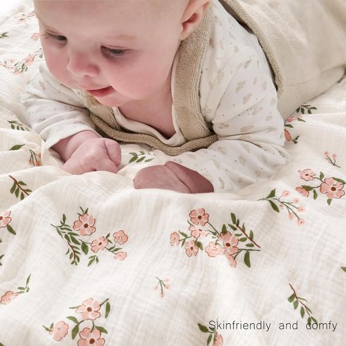 BOPRIO Muslin Baby Blanket - Super Soft Pink Floral Nursery Throw with Breathable Cotton | 30 x 40 Inch