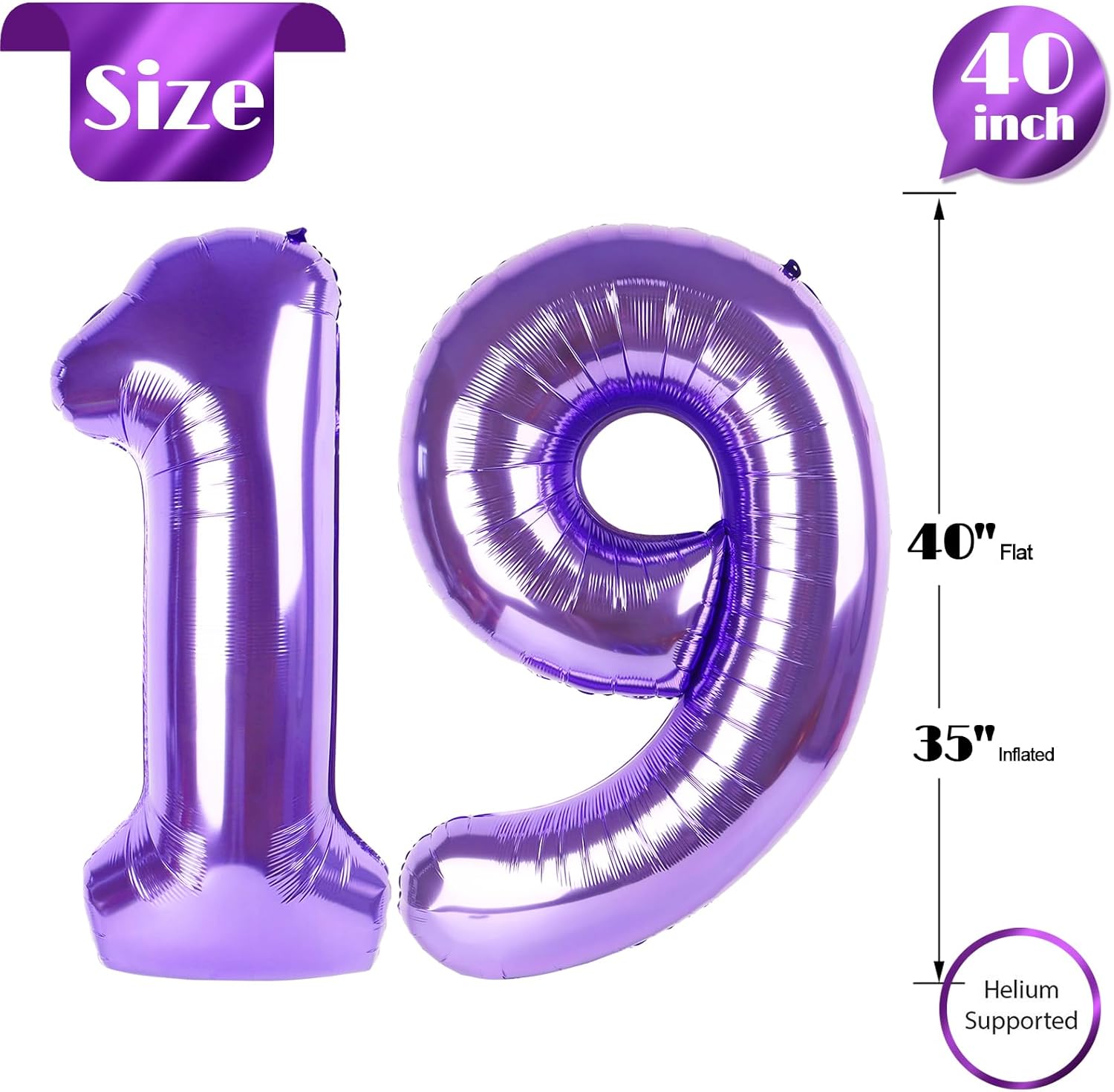 Purple Number 19 Balloon - 40 Inch 19th Birthday Decoration for Girls & Boys Party Supplies