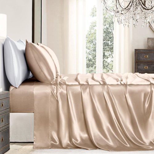 GOLAL Satin Sheets Queen Size - 4 Pieces Luxury Silky Soft Bed Sheets, Wrinkle-Free Champagne Satin Silk Sheet Set with 1 Deep Pocket Fitted Sheet, 1 Flat Sheet, 2 Pillow Cases