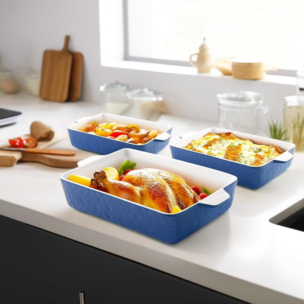 Regine Switzerland Casserole Dishes - Ceramic Baking Pan Set of 3 | Deep Porcelain Lasagna Pans (11.6" x 7.8", Dark Blue)
